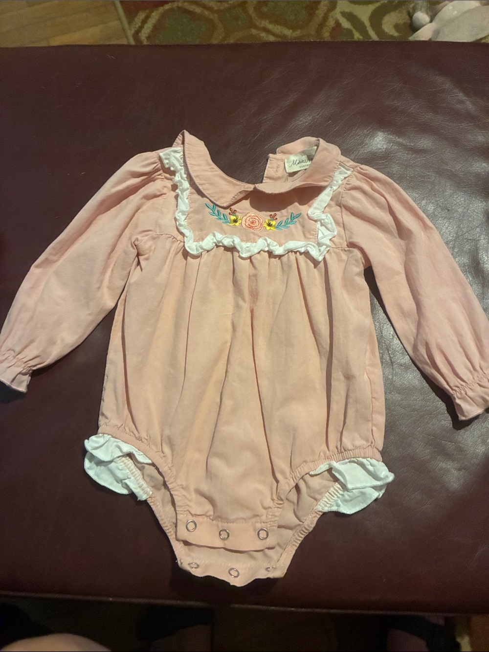 Long-Sleeve Pink Embroidered Floral Footie with Ruffle Trim